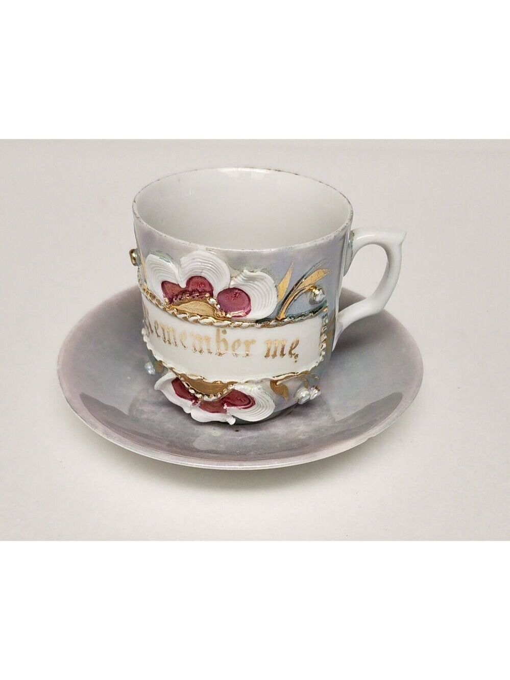 Vintage Germany Porcelain “Remember Me” Friendship Mug Raised Flower
